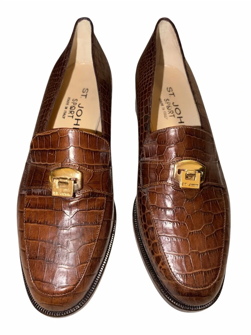 NWOT Vintage St. John Brown Croc Embossed Leather Loafers Gold Hardware Italy 8